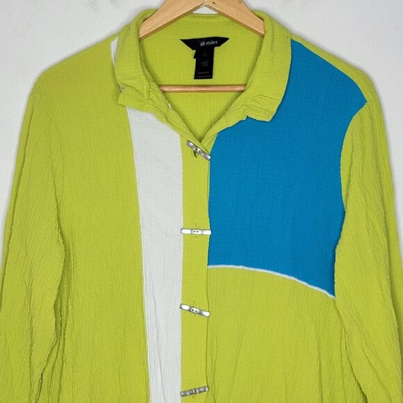 Ali Miles Large Green / Blue Colorblock Button Down Women's Tunic Top - Picture 3 of 5